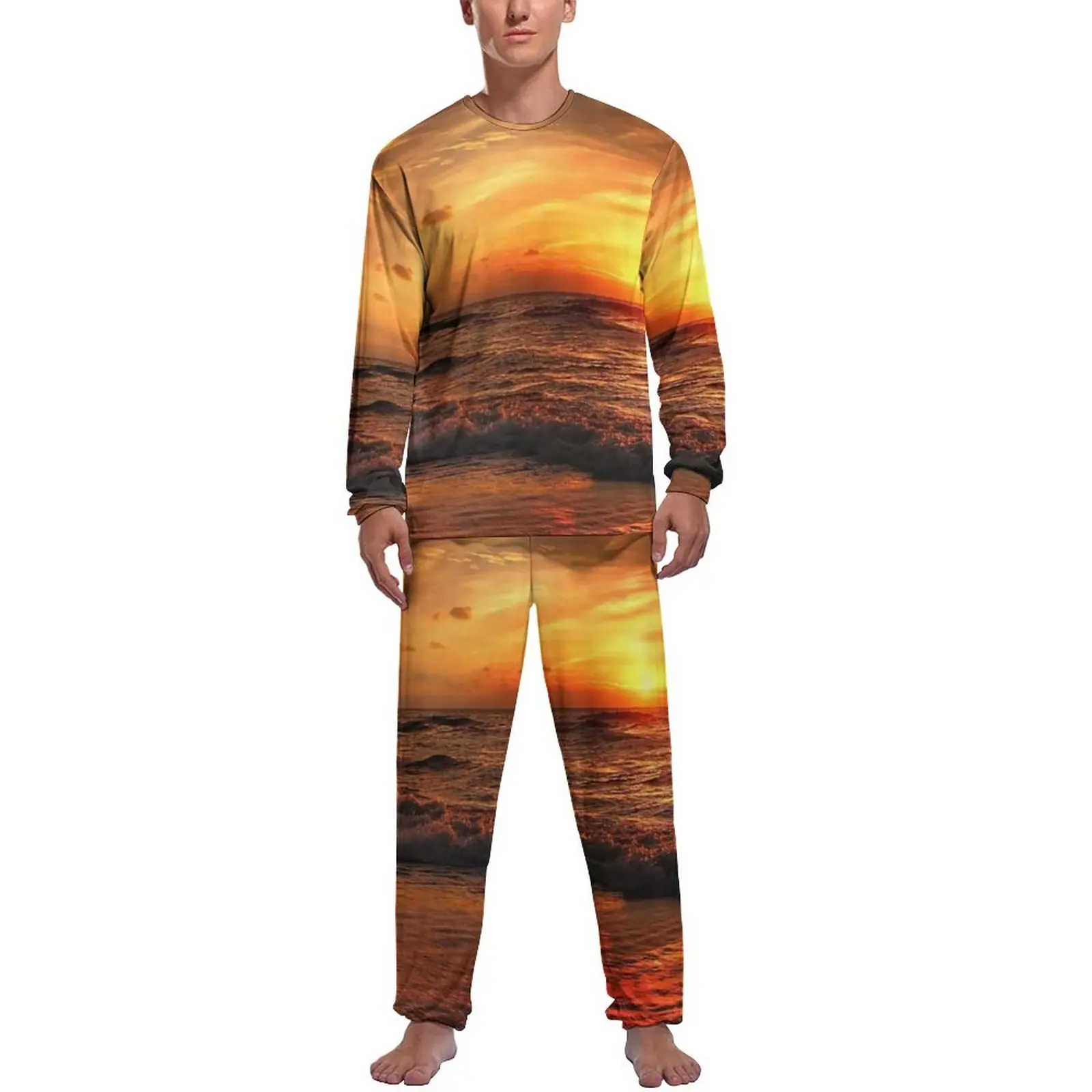 Sunset Print Pajamas Autumn Sea Waves Aesthetic Home Suit Male 2 Piece Custom Long Sleeve Cute Pajama Sets