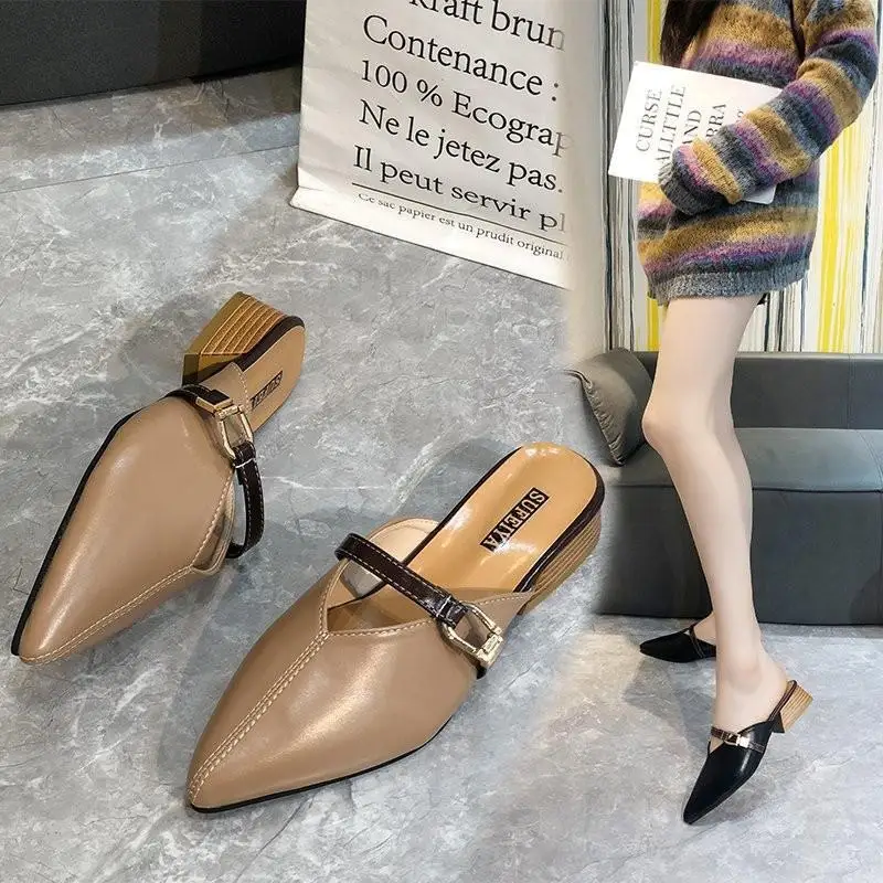 

Net Red Slippers Women Wear Summer 2021 Summer New Fashion Baotou Half Slippers Pointed Toe Flat Mules Women
