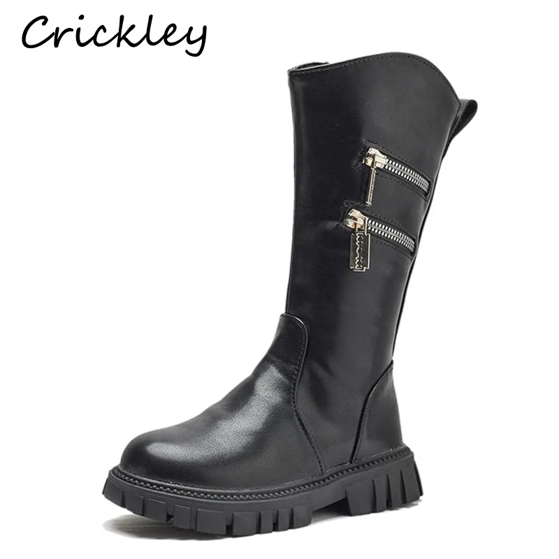 

Spring Autumn Children Fashion Boots Solid PU Leather Comfortable Girls Long Boots Zip Black Non Slip Kids Knee High Shoes