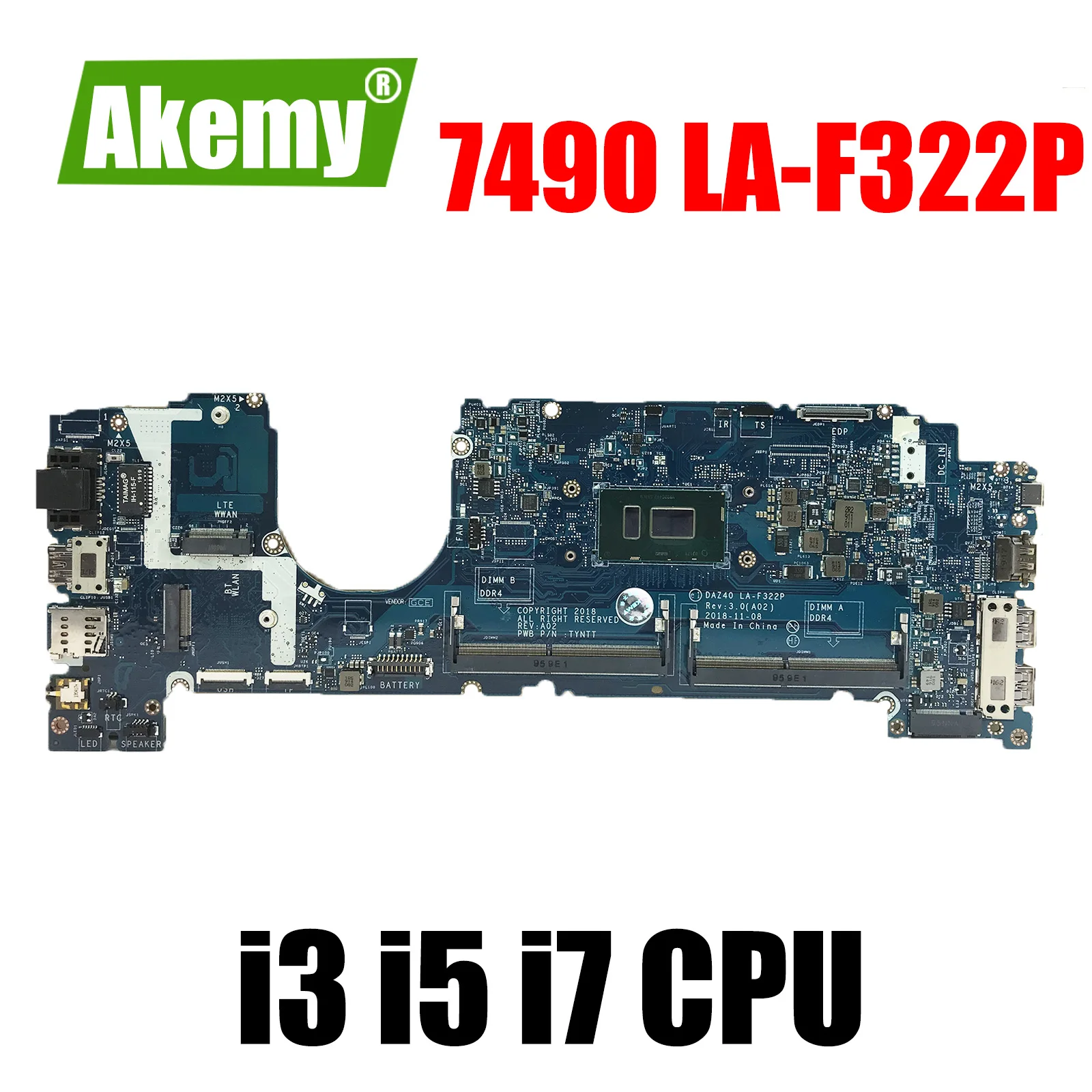 

For DELL Latitude 7490 Laptop Motherboard DAZ40 LA-F322P With i3 i5 i7 7th Gen or 8th Gen CPU CN-02YNVK 0CWDR5 0KGYDF 0PXMYG