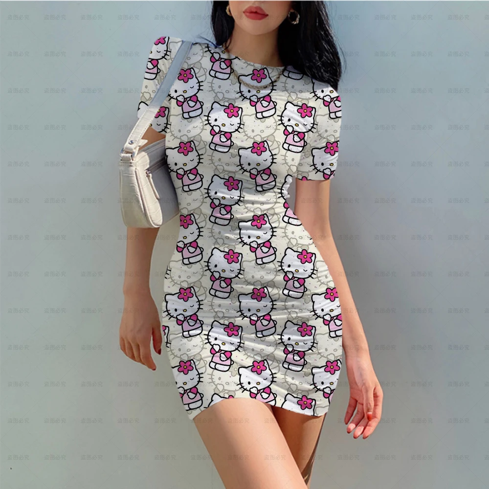 

Summer Hello Kitty Cartoon 3D Print Bodysuit Dress Women Sexy Short Sleeve Club Party Dress Women Skinny Elegant Sexy Dress Y2K