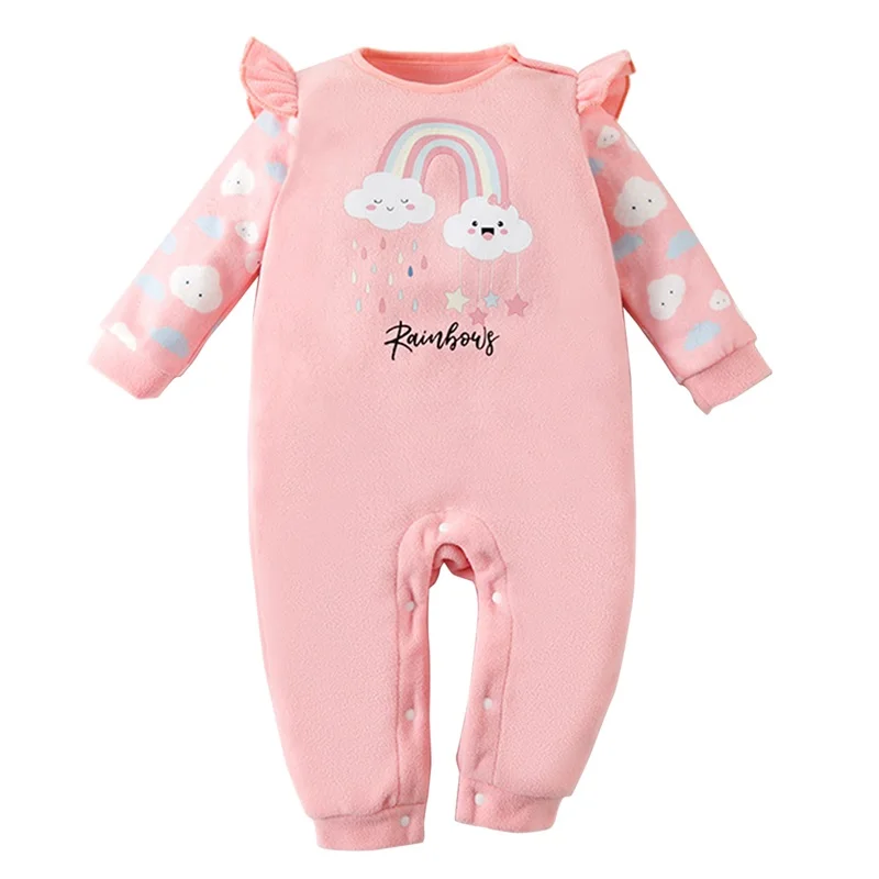 Флисовый комбинезон для маленьких девочек длинный с круглым вырезом и принтом в