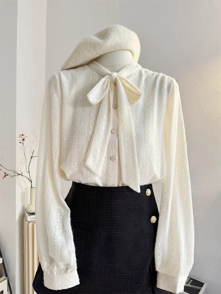 Кружевная рубашка с бантом на шнуровке Рубашки длинными рукавами Женские