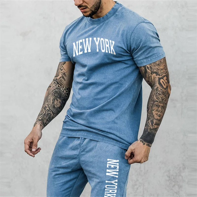 

Mne Suit Crew Neck Short Sleeve Blue Slim Fit Pullover Top Mid Waist Trousers Letter Print Casual Summer Fashion Two Piece Set