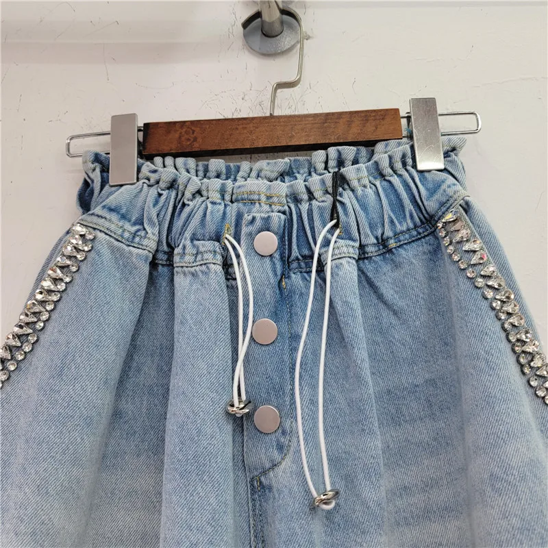 Women's Short Pants 2023 Summer New Heavy Industry Contrast Color Diamond Beaded High Waist Slimming Wide-Leg Denim Shorts