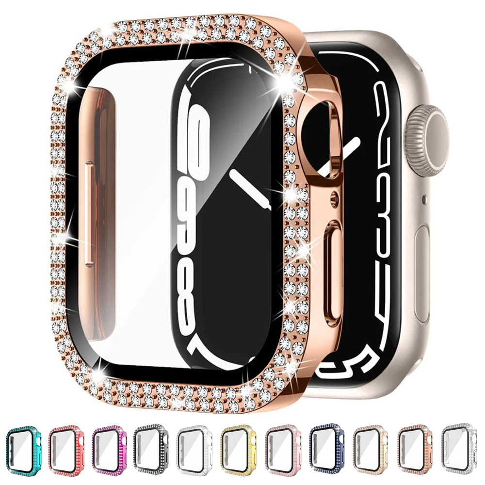 Чехол со стразами и стекло для Apple Watch SE Series 7 6 4 3 5 2 блестящий чехол Iwatch 41 45 мм 38 42 40 44