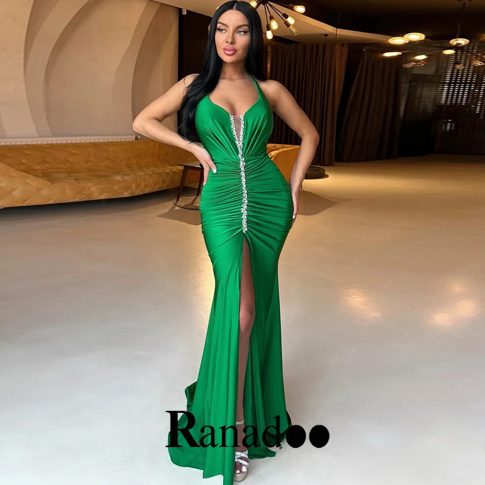 

Ranadoo V Neck Satin Formal Party Dresses For Women Backless Rhinestone Pleats Trumpet Sleeveless Slit Floor Length Personalised