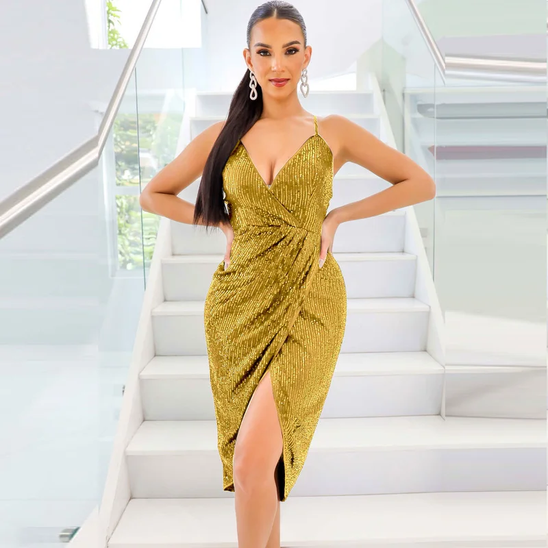 

WUHE Spaghetti Strap Sequins Party Dresses for Women 2023 Club Night Sexy V Neck Midi Dress Backless Ruched Slit Birthday Dress