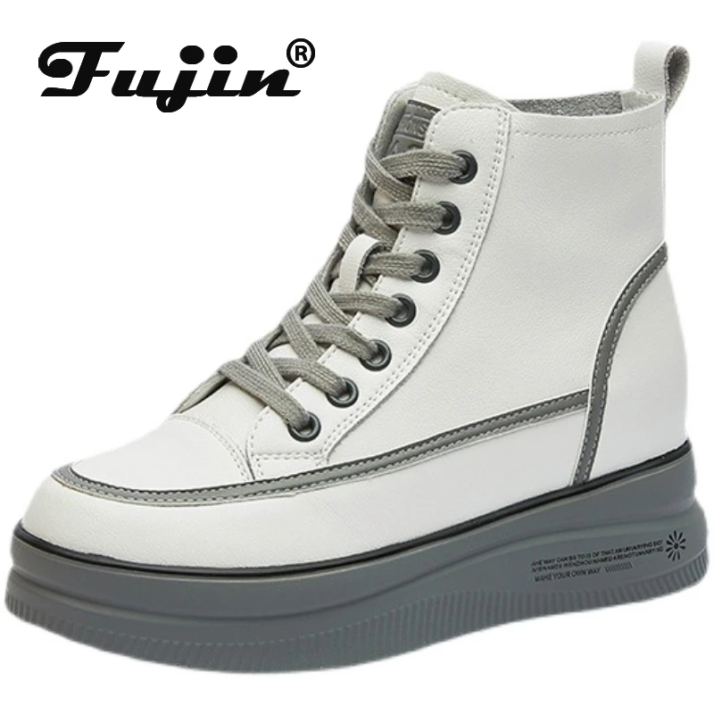 

Fujin 8cm Cow Genunine Leather Women Shoes Ankle Boots Platform Wedge Sneakers Fashion Boots High Top Shoes Spring Autumn Summer