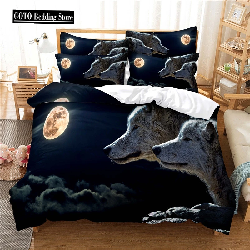 Dropship China Bedding Set Home Textile Print Western Stars Moon Wolf Bedroom Duver Cover + Pillowcases Full Size Bed Animal