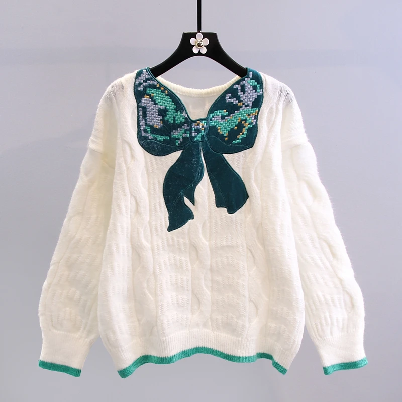 

Bow Embroidery White Knitted Women Sweater Pullovers Autumn Winter New O-Neck Thicken Warm Female Pulls Outwear Tops