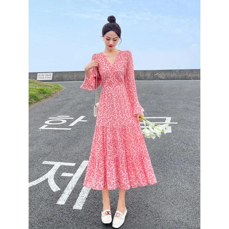 Элегантное шифоновое платье с v-образным вырезом и длинными рукавами для женщин