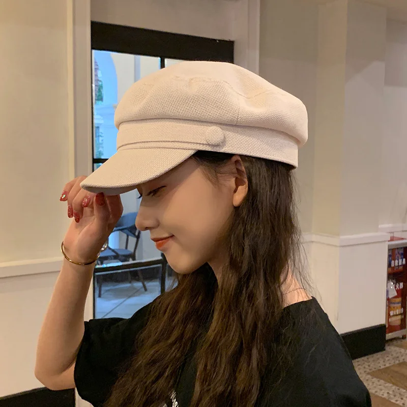 

Spring Summer Women Hat Flat Cap Military Cap Linen Octagonal Cap Solid Color Flat Top Military Hats Young Student Hat Female