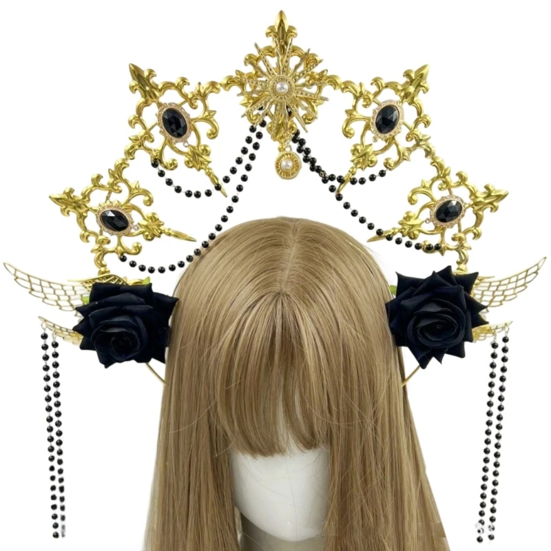 Фото Y3NE Angel Halos Crowns Marys Goddesses повязка на голову золотые диадемы Короны Лолита Косплей Хэллоуин Костюм Головной убор №3