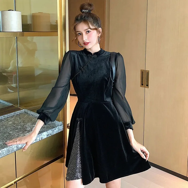Женское бархатное платье-Ципао в китайском стиле сексуальное черное Сетчатое