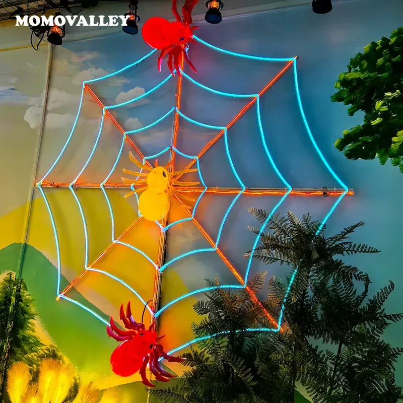 Фото Декоративная паутина с гигантскими светодиодами для Хэллоуина от Momovalley, с металлическим каркасом, для улицы и двора, с меняющимися цветами огнями. №2