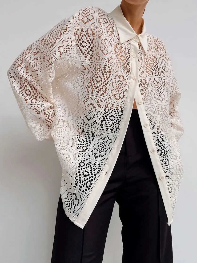 

French niche 2023 jacquard micro-perspective hollow shirt temperament commuter casual fashion loose shirt