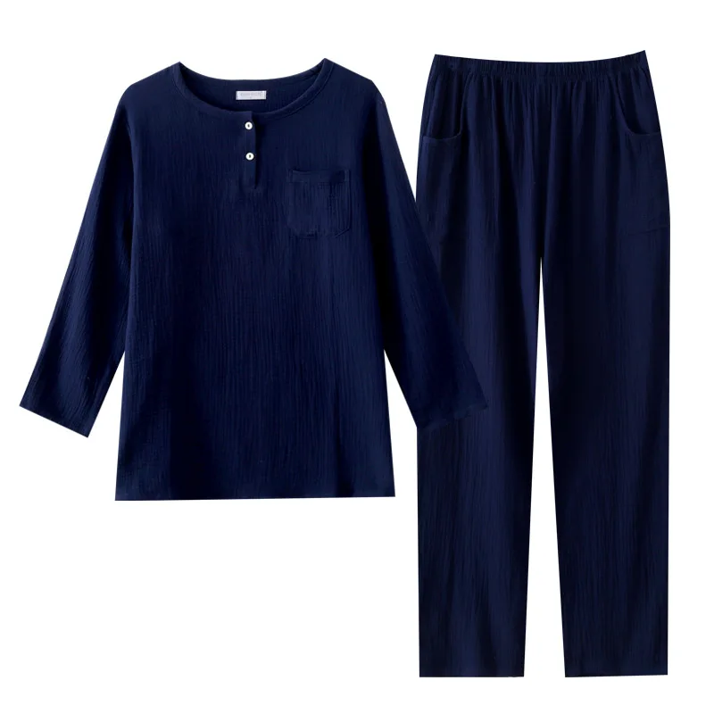 Men's Crepe Gauze Home Pajamas Long-sleeved Trousers Casual Pajama Sets Solid Cotton Sleepwear Elastic Waist Pijamas 2 Piece Set