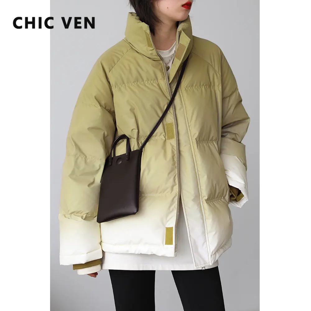 CHIC VEN Women's Down Coat Reflective Gradient Thickened Women Bread Coats 90 White Duck Down Jacket Warm Overcoat Winter 2022