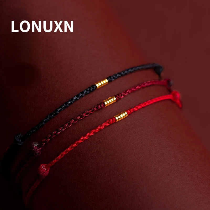 

High Quality Real 24K Yellow Gold Multilayer Circle Bracelet for Women Men 999 Glossy Red String Bracelet Couple Lover Red Rope