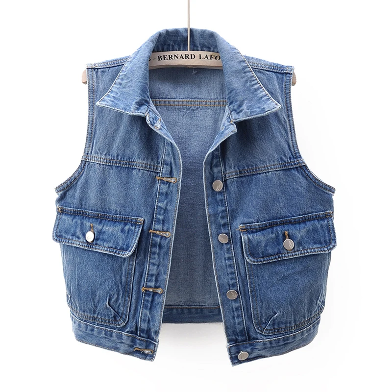 

Summer Korean Vintage Blue Denim Vest Women Waistcoat Big Pocket Cowboy Sleeveless Jacket Casual Slim Short Jeans Vests Female