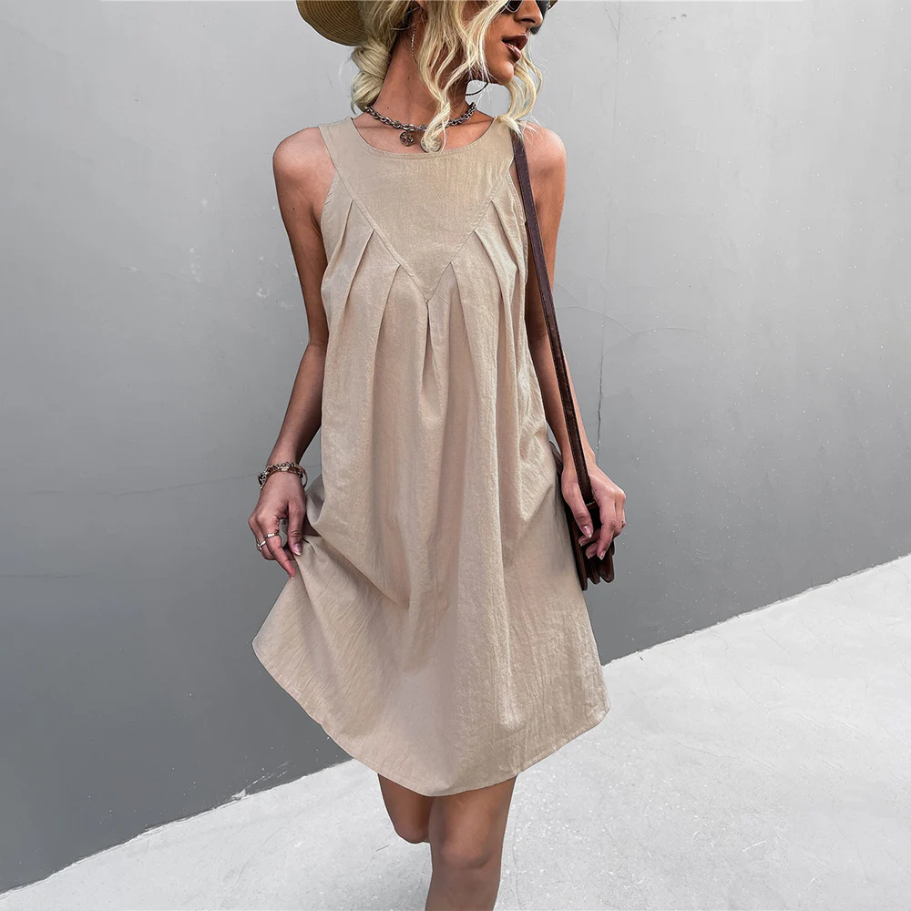 

Женское платье без рукавов, с круглым вырезом и рюшами