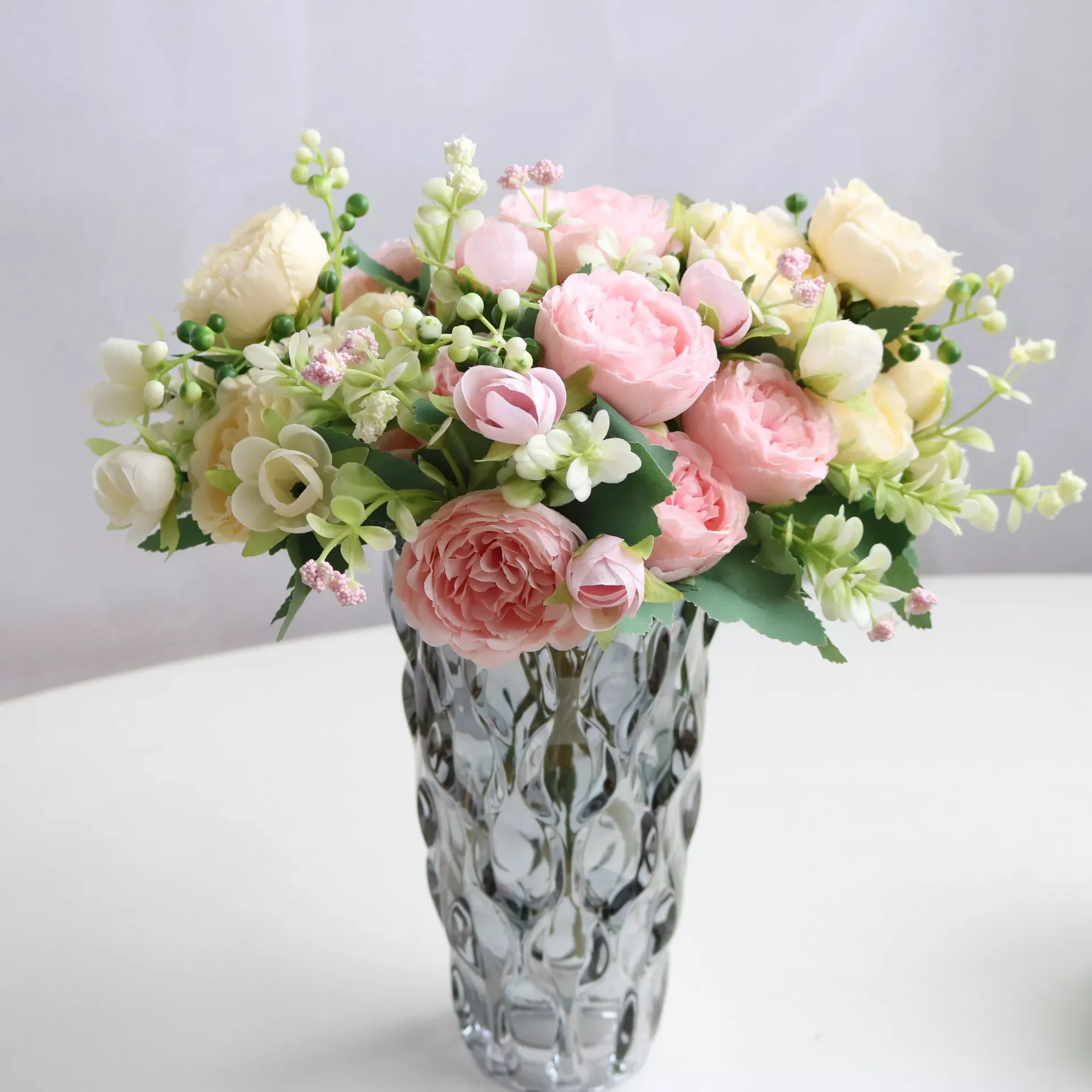

NEW2022 Rose Pink Silk Peony Artificial Flowers Bouquet 5 Big Head and 4 Bud Bride Holding Fake Plants Roses Home Party Wedding