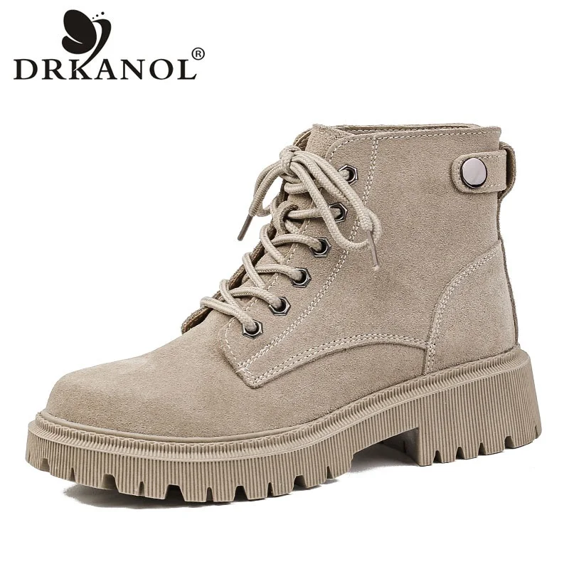 

DRKANOL Fashion Women Boots Winter Plush Warm Shoes British Style High Quality Cow Suede Thick Heel Platform Casual Ankle Boots