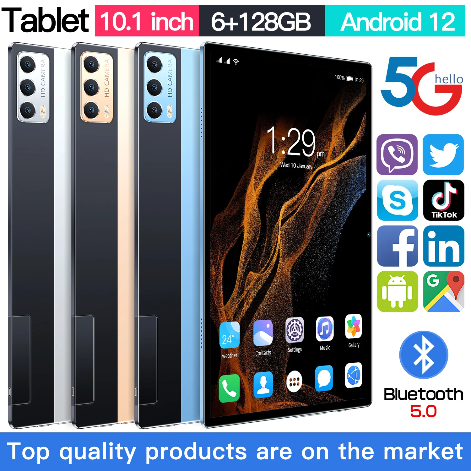 

Планшет Android 12,0, 10,1 дюйма, 6 + 128 ГБ, Wi-Fi, две SIM-карты