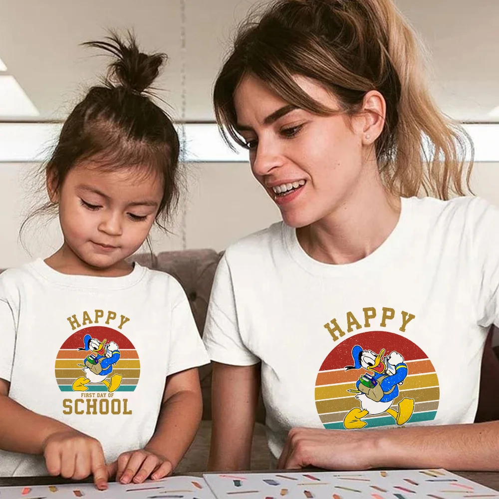 

School Season Fashion Disney Boy Girl T-shirt Donald Duck Print Harajuku Mom Kids Ropa Familiar Short Sleeve Summer Women Tops