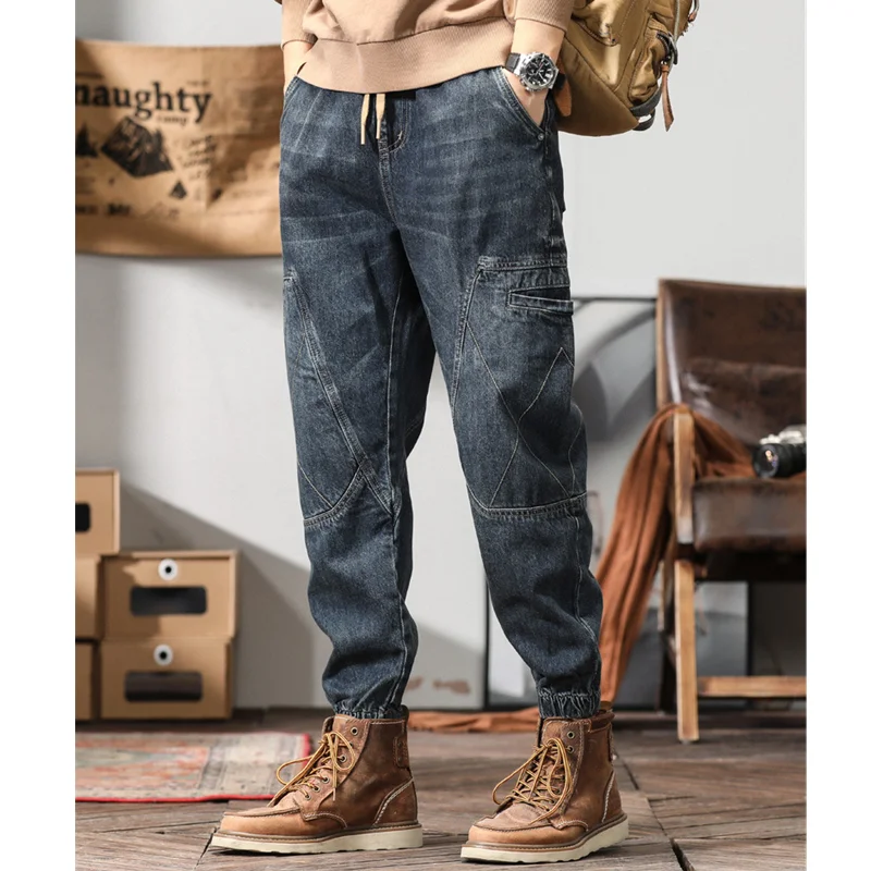 Men Clothing Vintage Loose Bluish Jeans Straight Cylinder Versatile Multiple Pockets Cargo Pants Female 2022 Autumn New Pattern