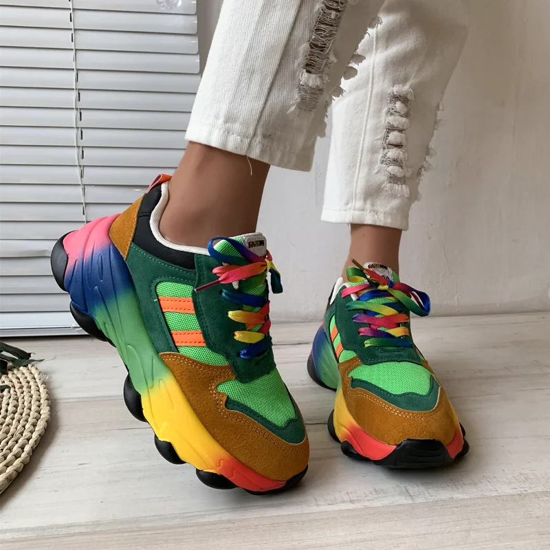 

2023 Women's Sneakers Summer Sneakers Color Matching High Quality Thick Sole Casual Lace Up Wedge Spring Trendy Running Shoes
