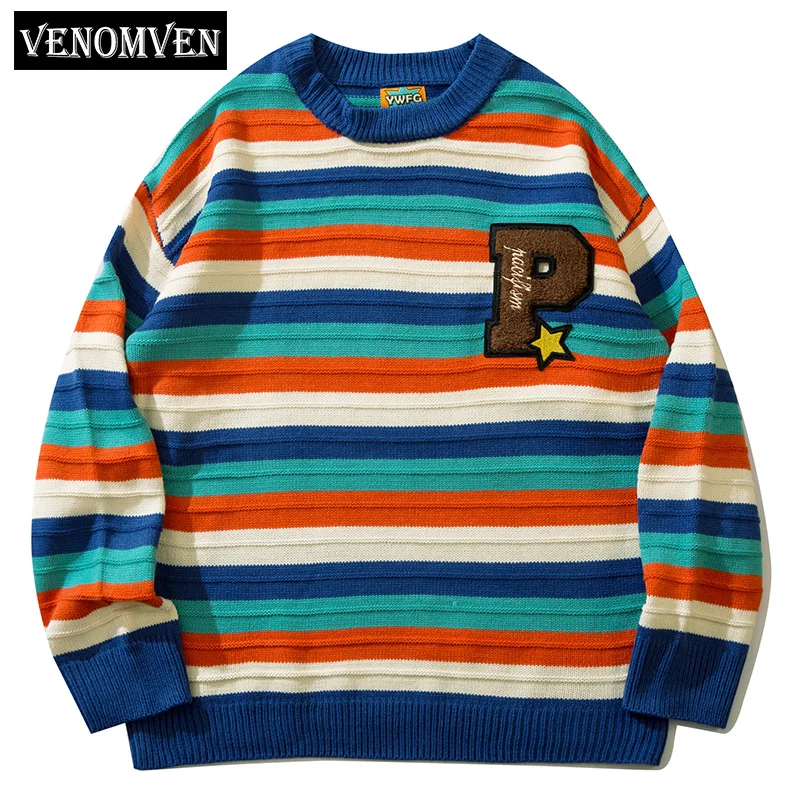 

Винтажный вязаный свитер в полоску со звездами в стиле Харадзюку, мужской зимний Радужный Свитер оверсайз, плотный пуловер, свитер с уродли...