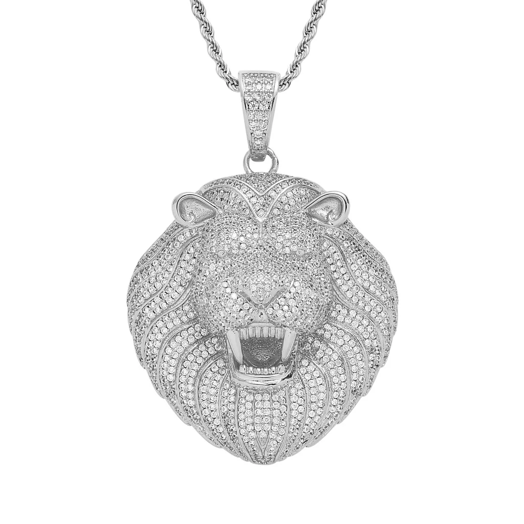 

Iced Out Micro Pave Cubic Zircon Lion Head Pendant Necklace For Men's Hip Hop Jewelry Fashion Design Rock Fashion Animal Pendant