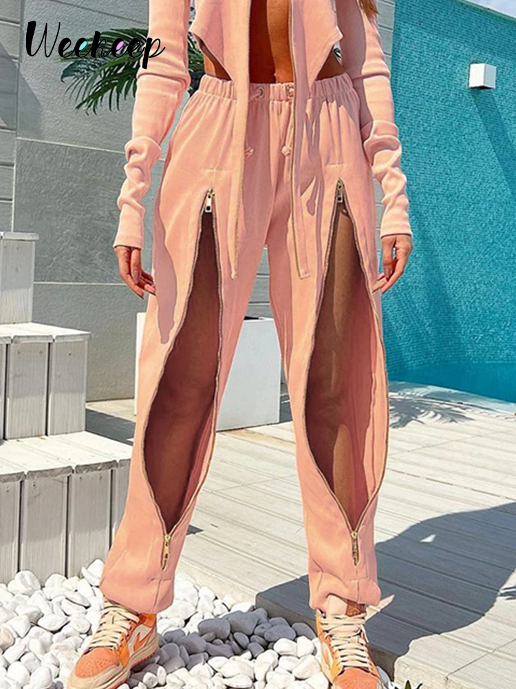 

Женские брюки-карго Weekeep, розовые шикарные мешковатые спортивные штаны на молнии с вырезами, милые брюки с низкой посадкой, y2k, женские Капри ...