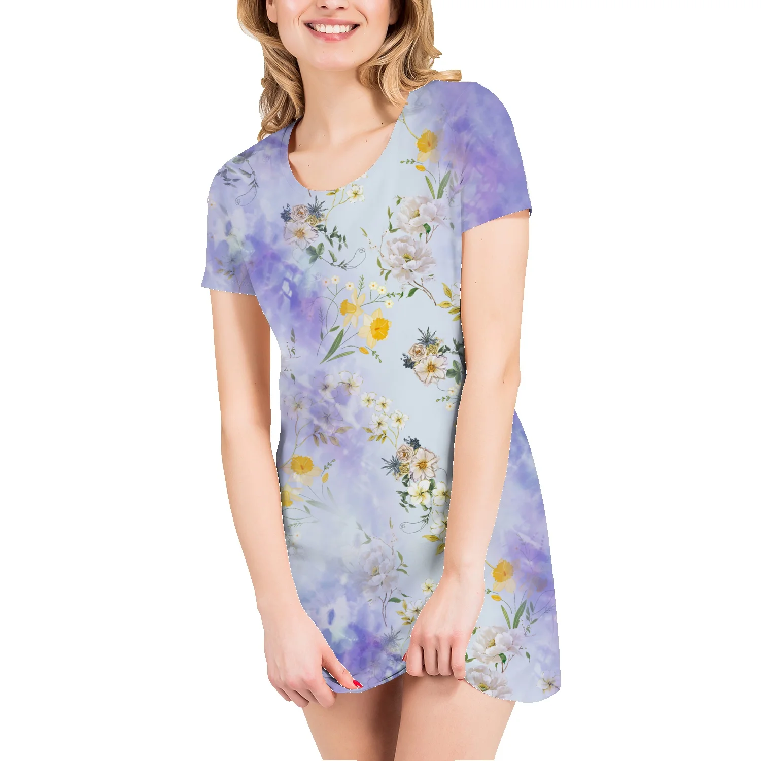 

Юбка-футболка средней длины с цветочным абстрактным принтом и цифровой печатью, новая Простая прямая юбка с коротким рукавом, повседневная ...