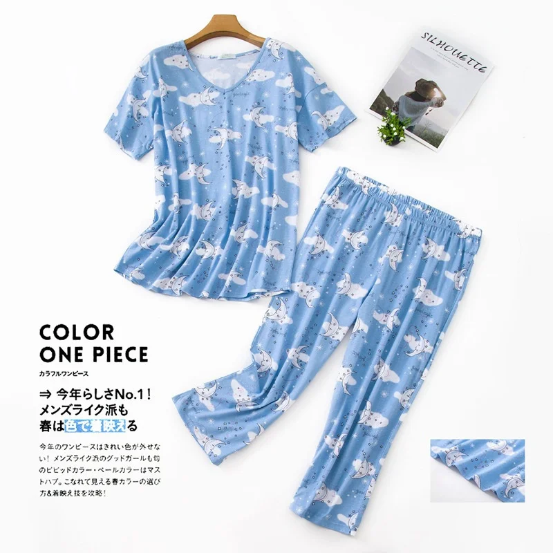 Women's Pajamas Set Cartoon Short Sleeve Summer Casual Pyjama Cozy Mom Femme Homewear Big Size