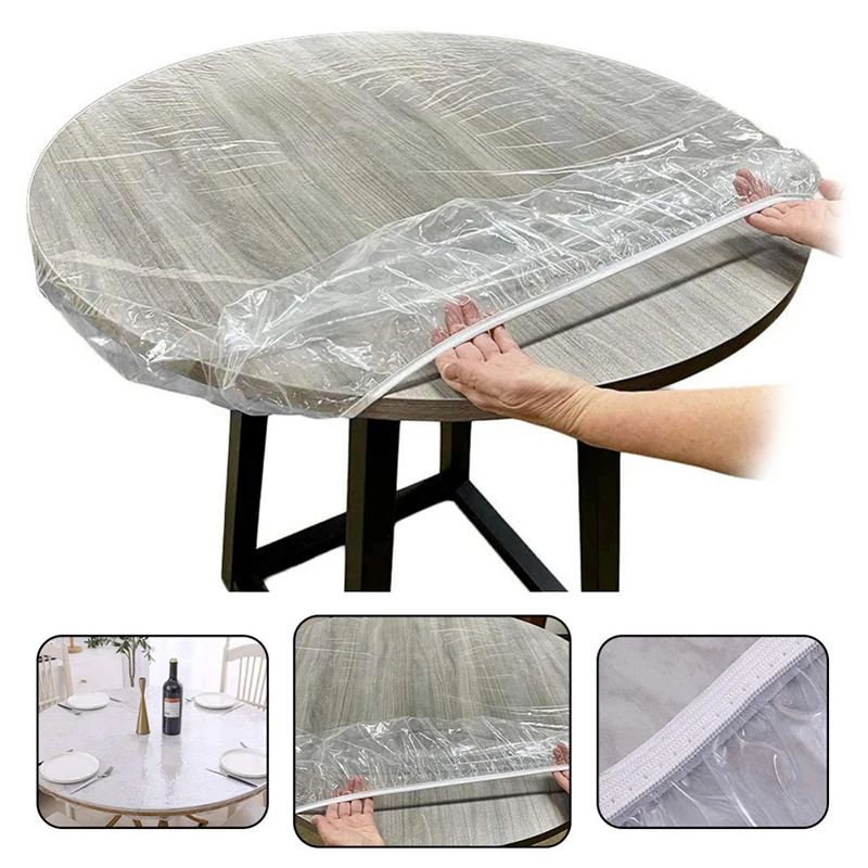 

65-180cm Waterproof Tablecloth Round Transparent Elastic Edged Table Cover PVC Simple Convient Kitchen Catering Protector