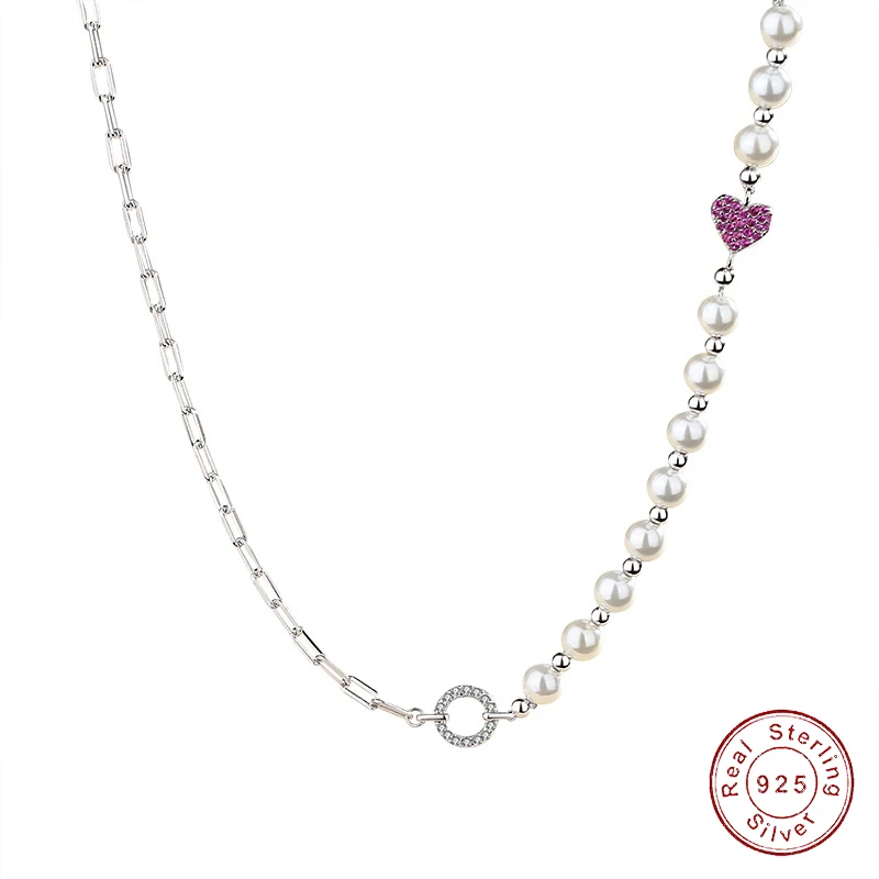 

925 Sterling Silver Love synthetic pearl Necklace Geometric Zircon Round Pendant Jewelry Birthday Gift