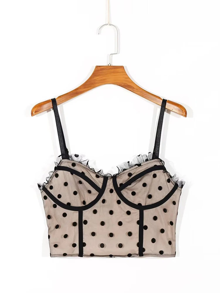 

Women Sexy Dot Mesh Spliced Camisole Tops Backless Zipper Cropped Cami Top