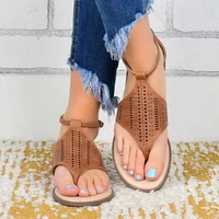 2022 new sandals low heels ladies sandals women flats hollow t strap casual shoes beach clip toe sandals slippers plus size 43