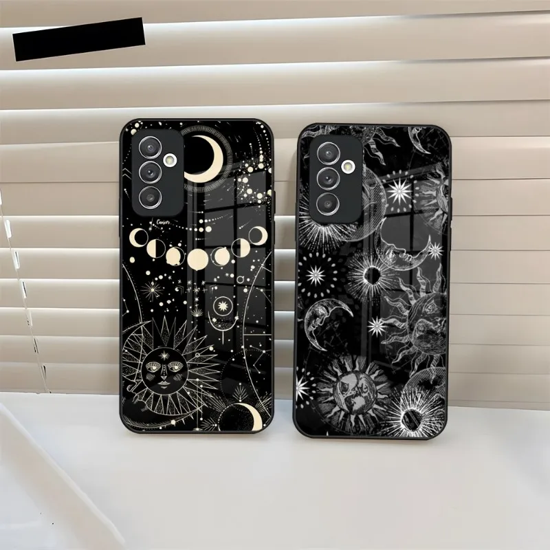 

Funny Sun Moon Face Phone Case Tempered Glass For Samsung A34 A52 A14 A54 A51 A22 A32 A72 S22 S23 Ultra Note 20 10 Pro Plus