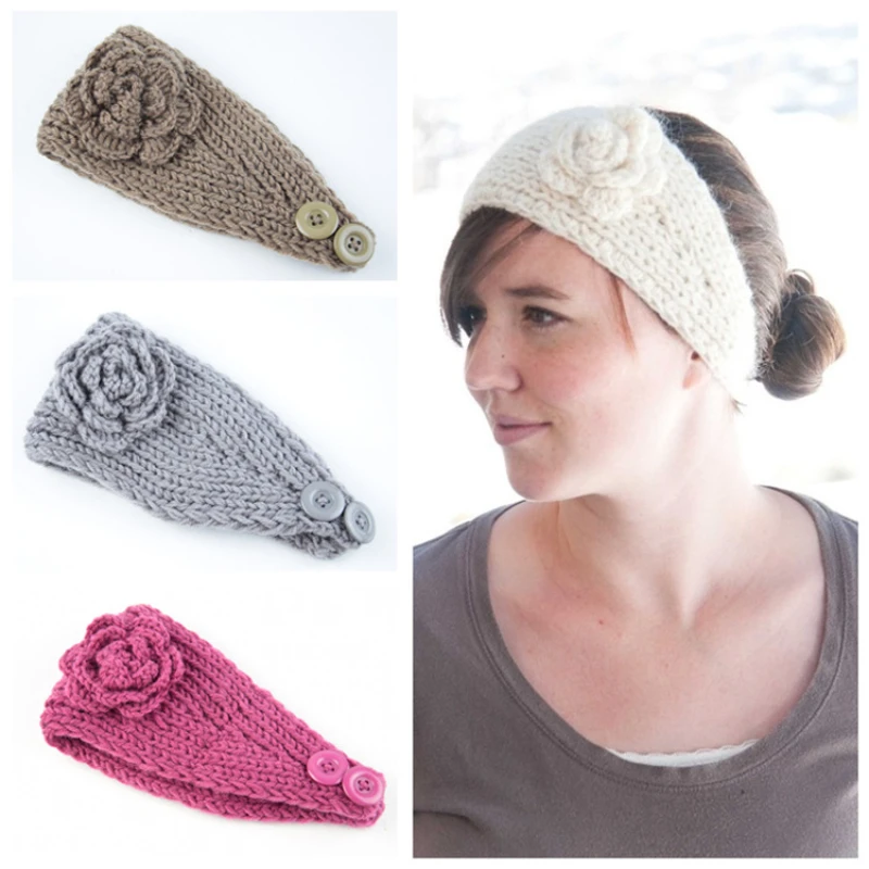 

Camellia Flower Knitted Headband for Women Autumn Winter Warm Button Style Wool Hairband Earmuff Hair Accessories Headwear