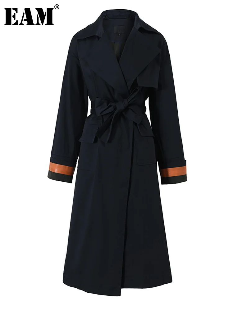 

[EAM] Women Dark Blue Color-block Big Size Long Trench New Lapel Long Sleeve Windbreaker Fashion Spring Autumn 2023 JO5681