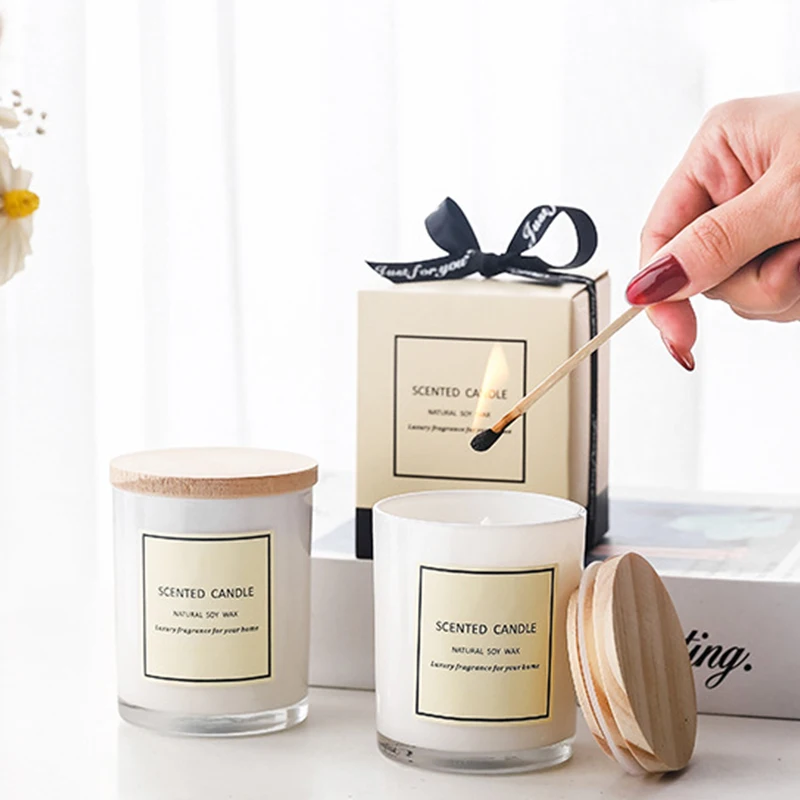 Белая стеклянная чашка с деревянной крышкой Ароматизированная лента для свечей