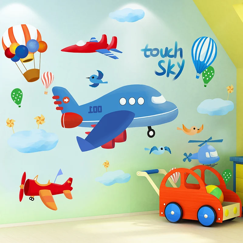 

[shijuekongjian] Cartoon Airplanes Wall Stickers DIY Hot Air Balloons Mural Decals for Kids Bedroom Baby Room Nursery Decoration