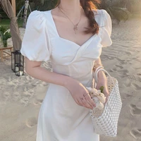 elegant french 2022 summer new tea break dress knot square neck bubble sleeve medium length skirt beach date white dress