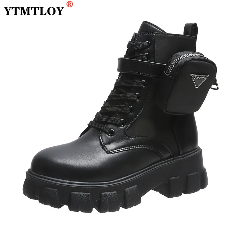 New Botas Women Motorcycle Ankle Boots Wedges Female Lace Up Platforms Spring Black Leather Oxford Shoes Women  Botas Mujer Bag