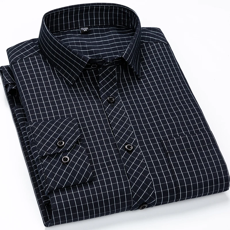 

Long Sleeve Men's Plaid Shirts Easy Care Regular Fit Formal Striped Shirts for Men Checkered Business Casual With Front Pocket