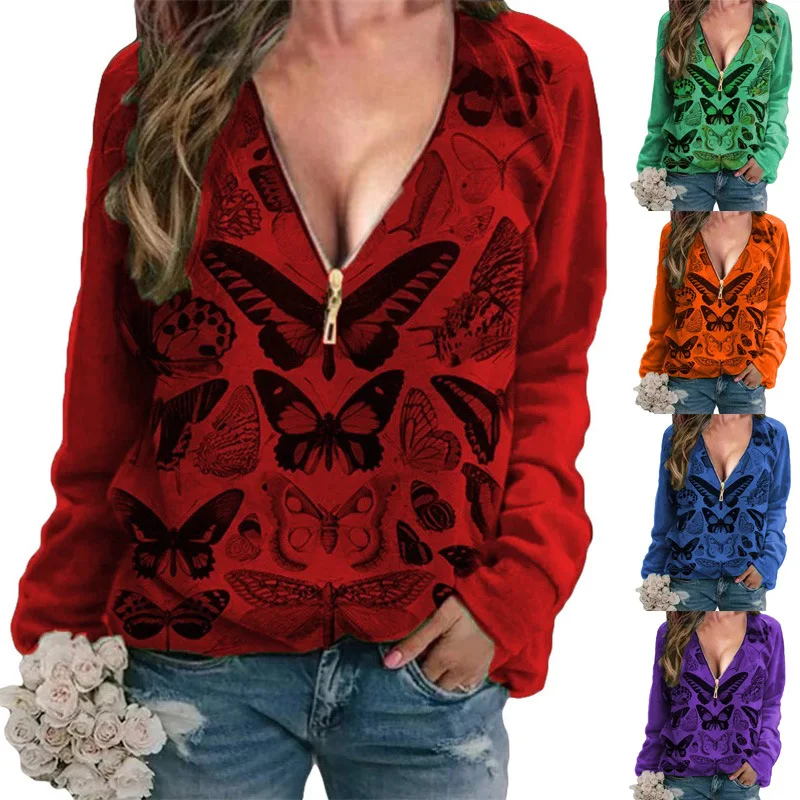 

2022 Autumn and Winter New Women's T-Shirt V-Neck Butterfly Print Zipper Long-Sleeved Casual T-Shirt Top Women